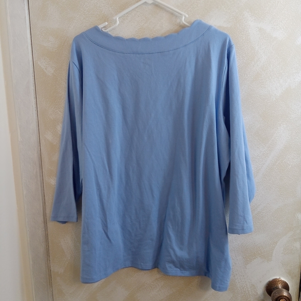 2X Anne Klein Scalloped Neck 3/4 Sleeve Sky Blue Top Blouse NWT - Picture 3 of 7